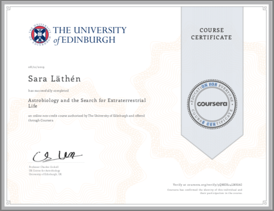 Course certificate: Astrobiology and the search for Extraterrestrial Life